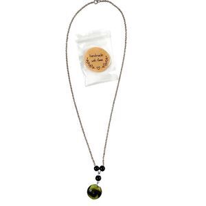 Handcrafted Silver Chain Black & Green Stone Beaded Long Necklace Single Clasp